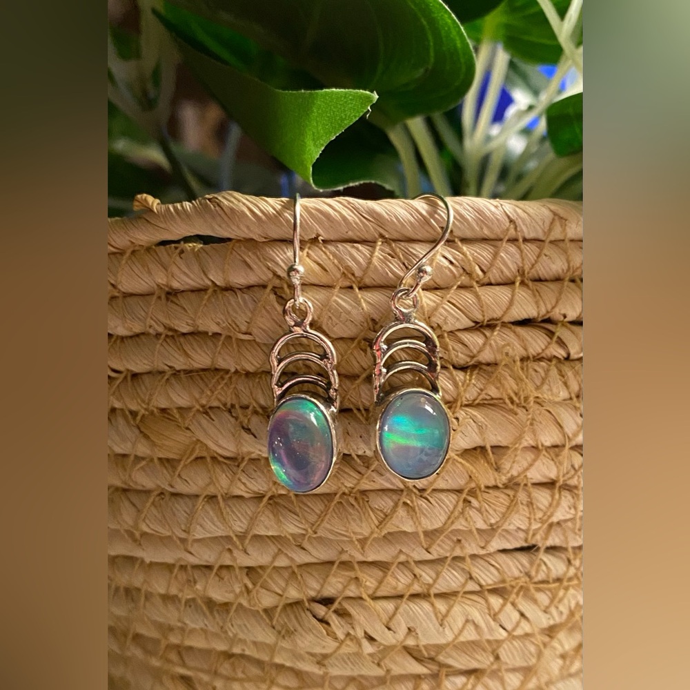SOLD! Aurora Opal Earrings (manmade) set in 925 Sterling Silver